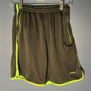 Asics Boys shorts, black/lime green, 100% polyester, breathable fabric, RN#83394